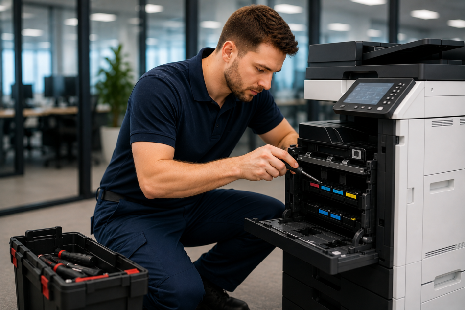 Bild eines Servicetechniker Managed Print Services / Informationselektroniker bei der Drucker Wartung
