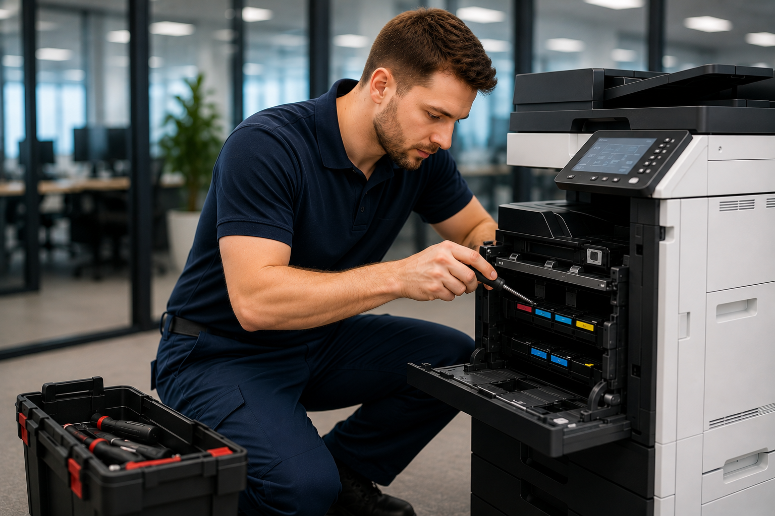 Bild eines Servicetechniker Managed Print Services / Informationselektroniker bei der Drucker Wartung