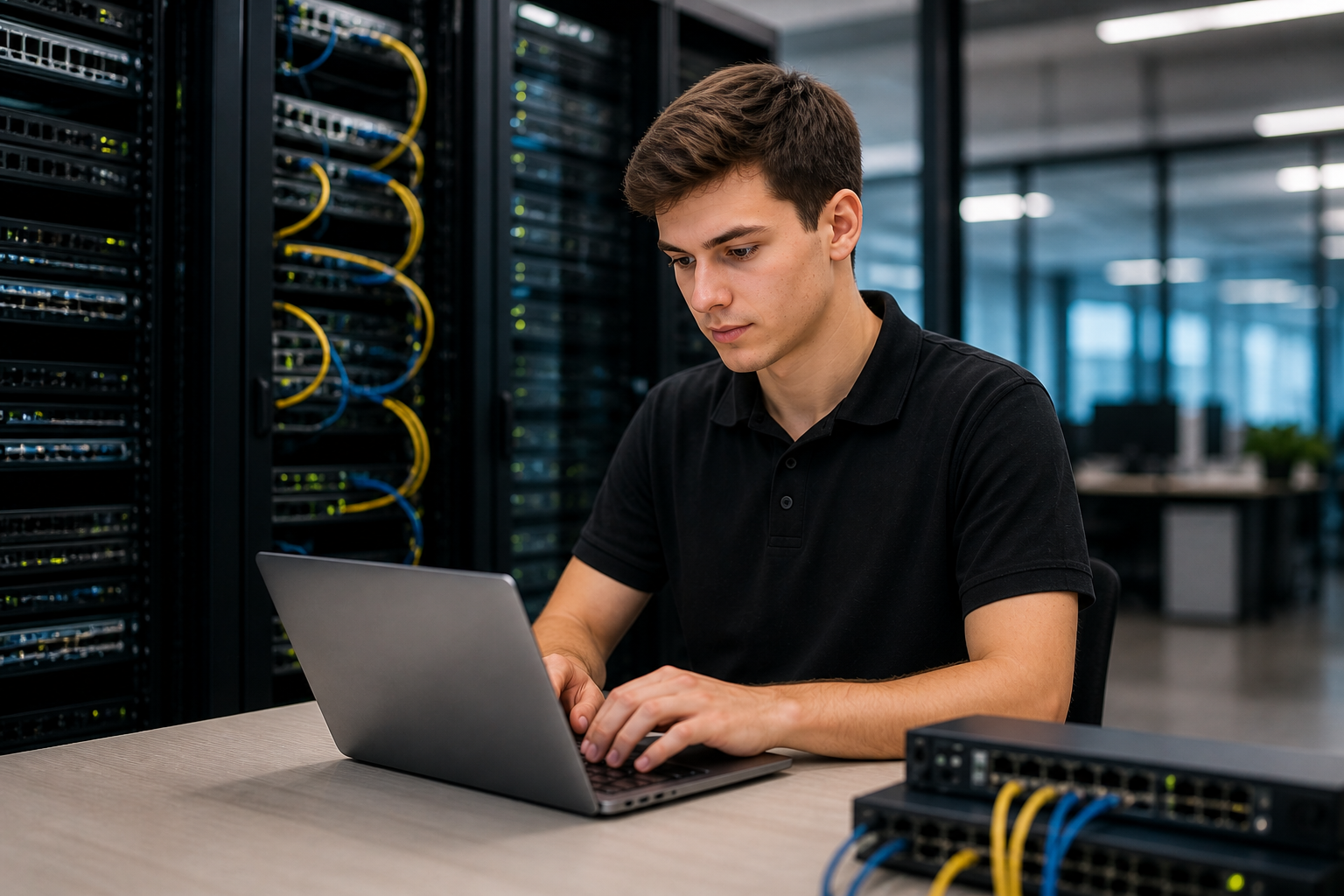 Bild eines Fachinformatiker für Systemintegration (m/w/d) vor einem Server am Laptop